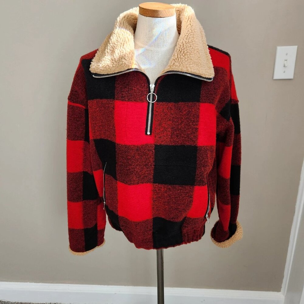 Altar'd State Pullover Checkered Buffalo Plaid Sherpa Trim Red Small